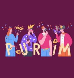 Purim Holiday Carnival Banner With People Flat