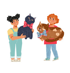 Happy Children Embracing And Patting Their Cats