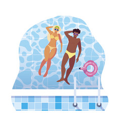 Interracial Couple With Swimsuit Floating In Pool