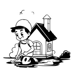 Cute Cartoon Boy With A Shovel Cleaning The House