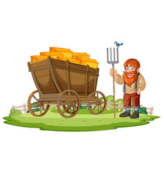 Cartoon Farmer Standing Next To A Hay-filled Wagon