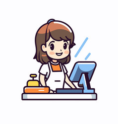 Cute Girl Working At Desk With Computer Flat