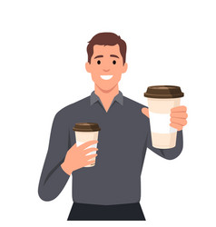 Smiling Young Man With Coffee Cups In Cup Offer