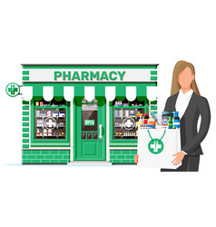 Woman Holding Drugstore Bag In Front Pharmacy