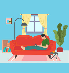 Guy On Red Couch Surfing Internet Via