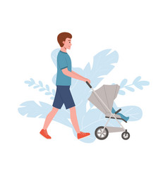 Father Pushing Walking Stroller With A Newborn