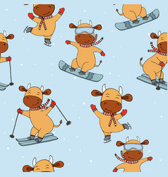 Funny New Years Cows In Winter Sports Symbol