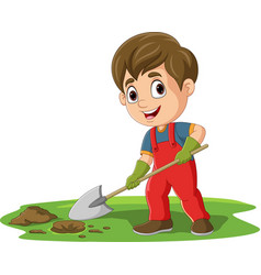 Cartoon Little Boy Digging Hole With Shovel