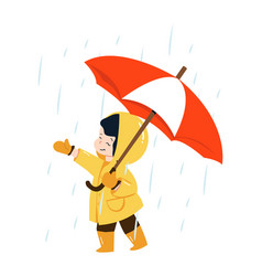 Little Child With Umbrella In Raincoat