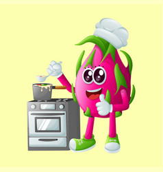 Cute Dragon Fruit Character Cooking On A Stove