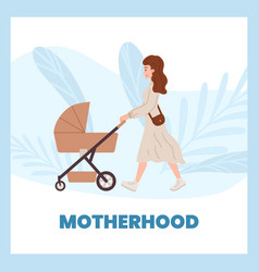 Happy Woman Pushing Baby Stroller Motherhood