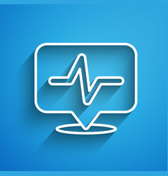 White Line Heart Rate Icon Isolated On Blue