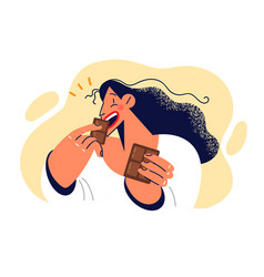 Woman Eats Dark Chocolate Enjoying Sweet Milk