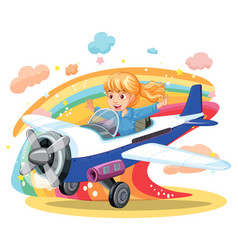 Girl Pilot Flying Airplane With Rainbow