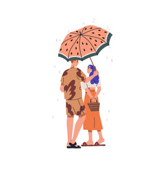 Love Couple Standing Under Umbrella In Rain Happy