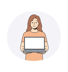 Smiling Woman With Open Mockup Laptop