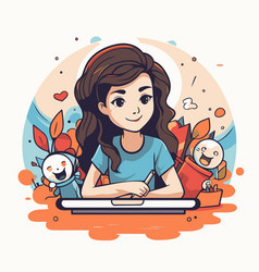 Girl Studying At Home In Cartoon Style Cute