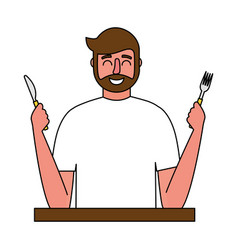 Beardded Man Holding Fork And Knife