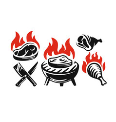 Barbecue Fest Logo Set With Fire On White