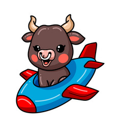 Cute Baby Bull Cartoon Flying On Plane