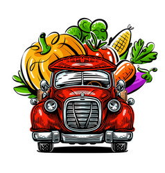 Retro Pickup Truck And Fresh Vegetables Farm