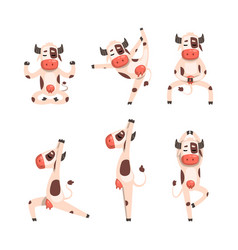 Funny Spotted Cow Character Doing Yoga Standing In