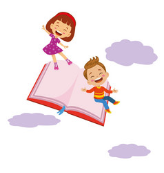 Cute And Happy Kids Flying On Clouds With Book