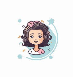 Cute Little Girl With Curly Hair In Cartoon Style