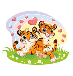 Cute Cartoon Two Loving Tiger Cubs With Hearts