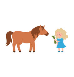 Child Feeding Grass Pony Horse Flat Cartoon