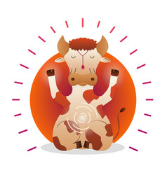 Funny Cute Cow Sitting In Yoga Lotus Pose