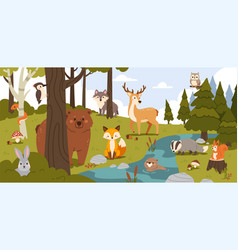 Cartoon Forest Animals Summer Woodland With Bear