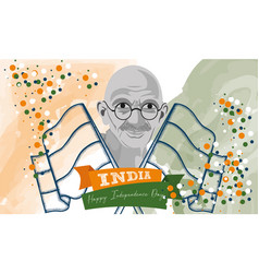 Gandhi Silhouette With A Pair Of Flags Happy India