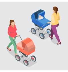 Mother Pushing A Baby Stroller Isolated Against