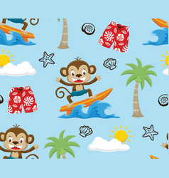 Seamless Pattern Of Monkey Surfing At Summer Beach