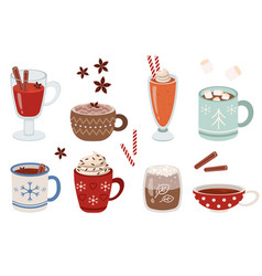 Mugs With Warm Winter Drinks Flat