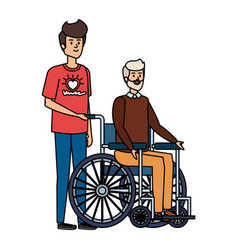 Young Man Volunteer With Old In Wheelchair