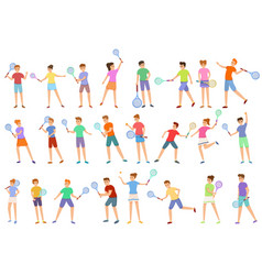 Kids Playing Tennis Icons Set Cartoon Style