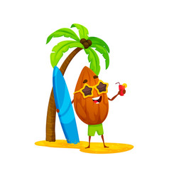 Cartoon Almond Character With Surfboard On Beach