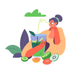 Woman Drinking Smoothie Cocktail From Veggies