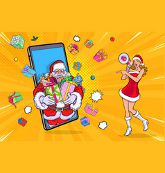 Santa Girl Face Wow And Pointing Mobile Phone