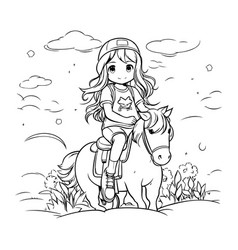 Cute Little Girl Riding A Horse In The Field