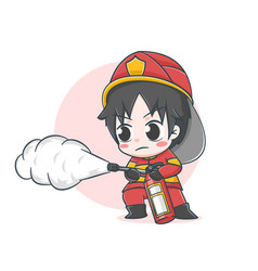 Cute Fireman Using A Fire Extinguisher Cartoon