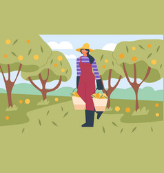 Woman Farmer Or Gardener Working In Orchard Flat