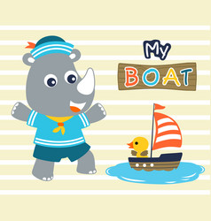 Little Rhino Cartoon In Sailor Costume With Duck