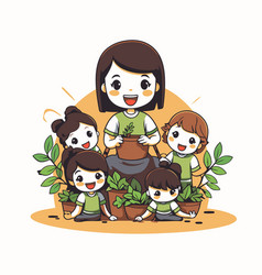 Mother And Her Children Gardening Together