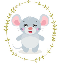 Cute Gray Mouse Inside An Oval Leaves Border