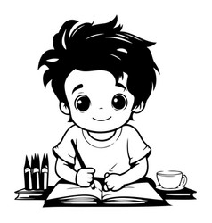 Cute Little Boy With Book And Cup Of Coffee