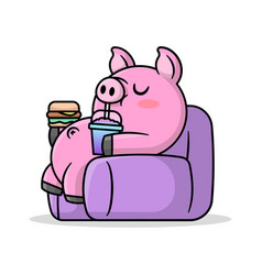 Funny Fat Pig Is Lying On Sofa And Eating Snack