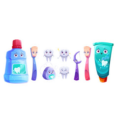 Teeth Care Product Cartoon Characters Isolated Set